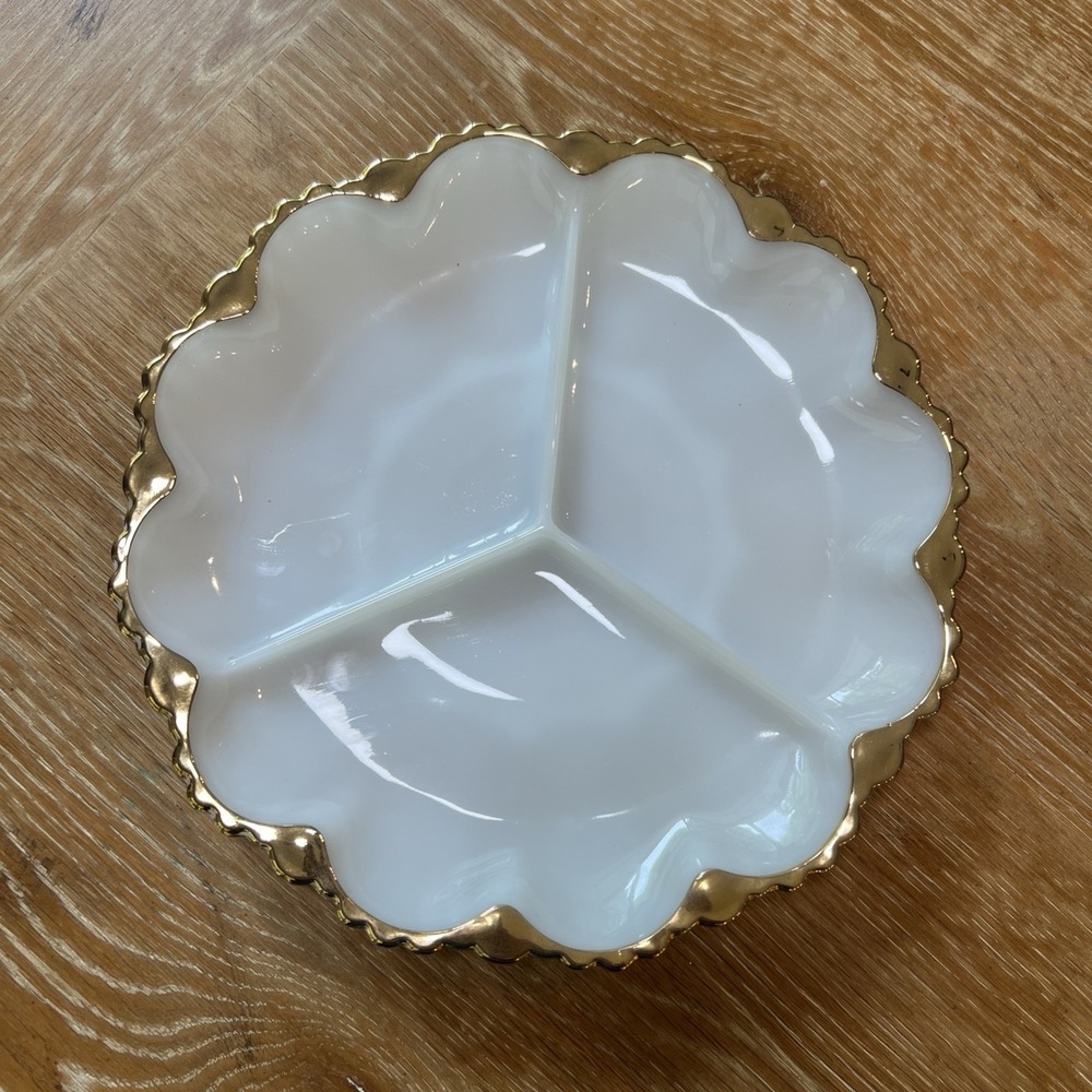 Vtg Anchor Hocking Fire King Milk Glass Divided Relish Dish Peach Lus trim 10 in